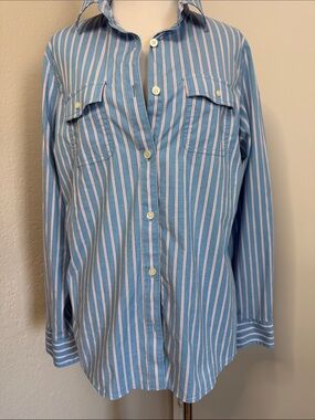 L.L. Bean Red, Blue and White Vertical Stripe Button-Down Shirt